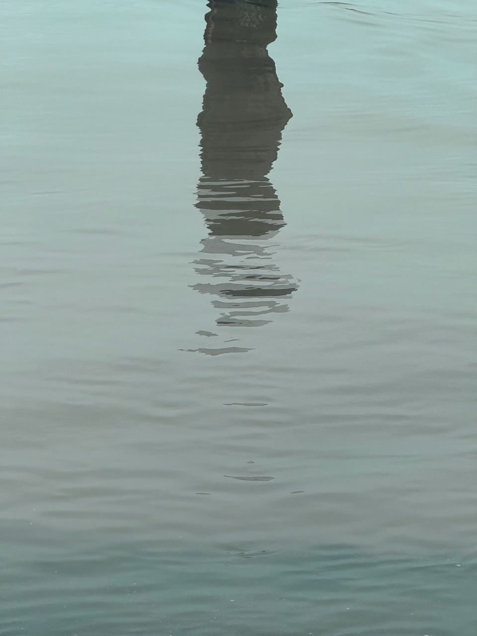 A black and white picture of a reflection of a dock in the water, the water distorts and ripples the reflection. It almost looks like a giant rock surface.